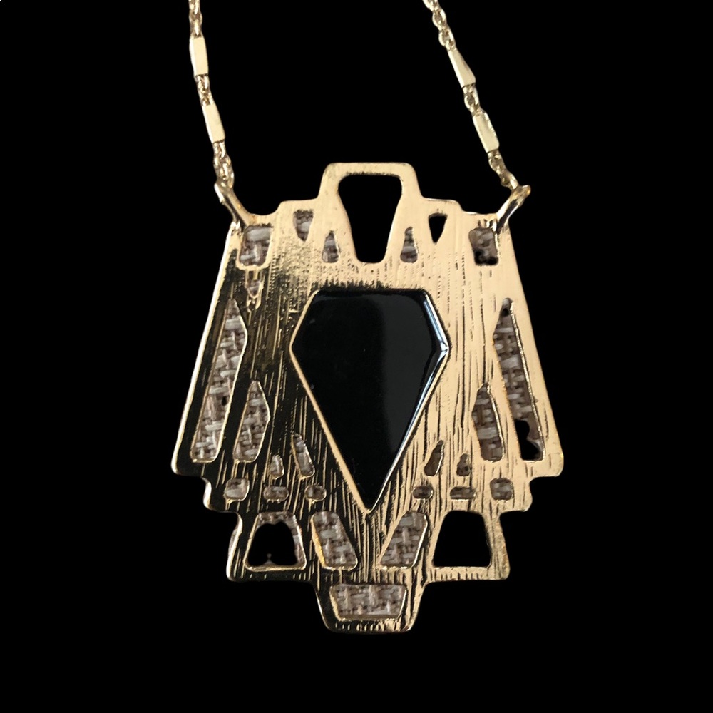 Gold Necklace Art Deco Black Center Stone Rollo Gold plated Chain Vintage 24” - Picture 10 of 10